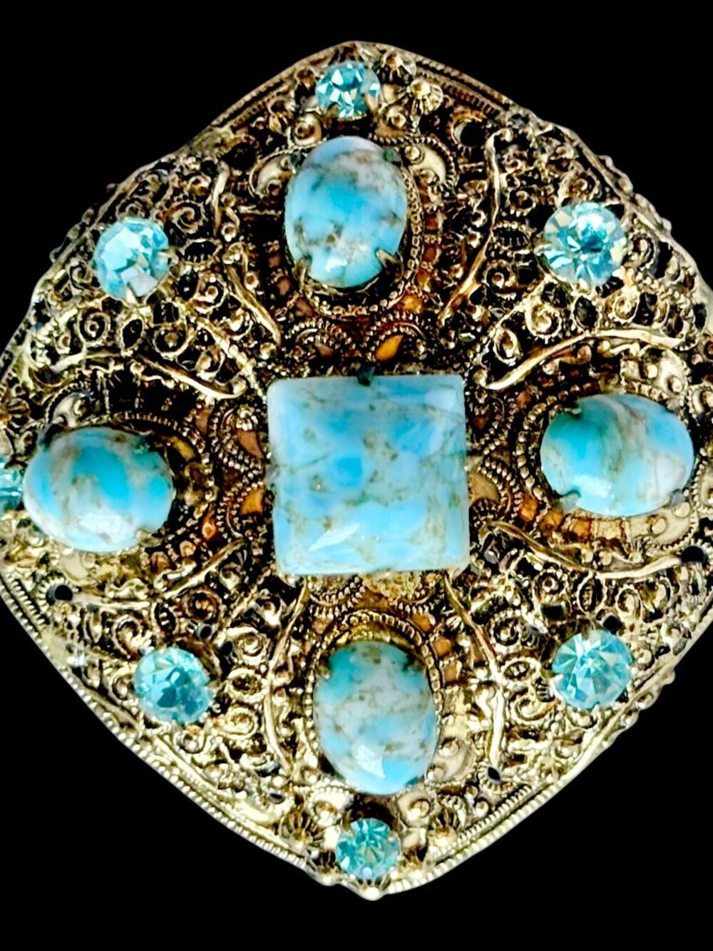 Turquoise Color Glass Stone Gold Tone Filigree Pendant Brooch